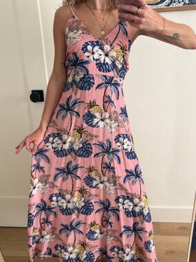 Rusty Pink Tropical Floral Maxi Sundress Boho Beach Dress XS